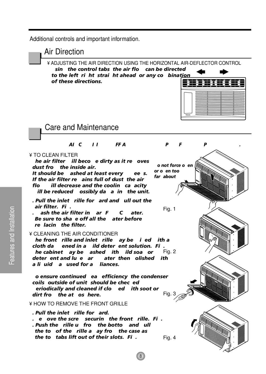 Panasonic CW-XC54HU, CW-XC54HK manual Air Direction, Care and Maintenance, Far about 