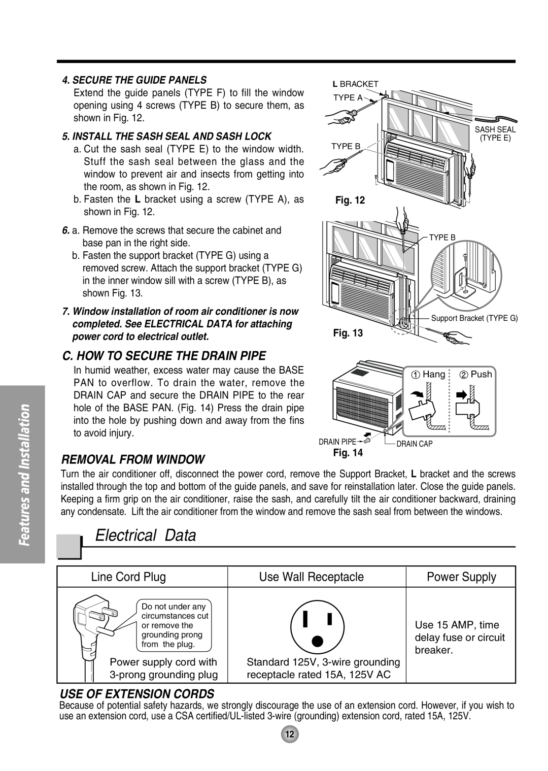 Panasonic CW-XC54HU Electrical Data, C. How To Secure The Drain Pipe, Removal From Window, Line Cord Plug, Power Supply 