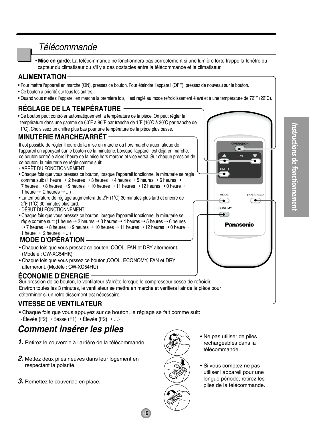 Panasonic CW-XC54HK Télécommande, Comment insérer les piles, Réglage De La Température, Mode Dopération, Économie Dénergie 
