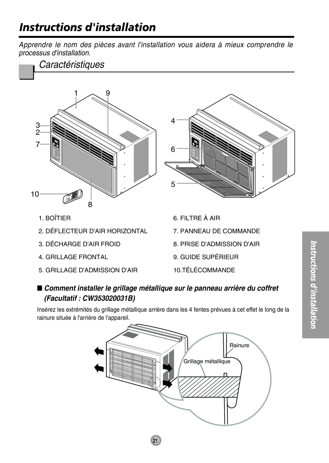 Panasonic CW-XC54HK, CW-XC54HU manual Instructions dinstallation, Caractéristiques 