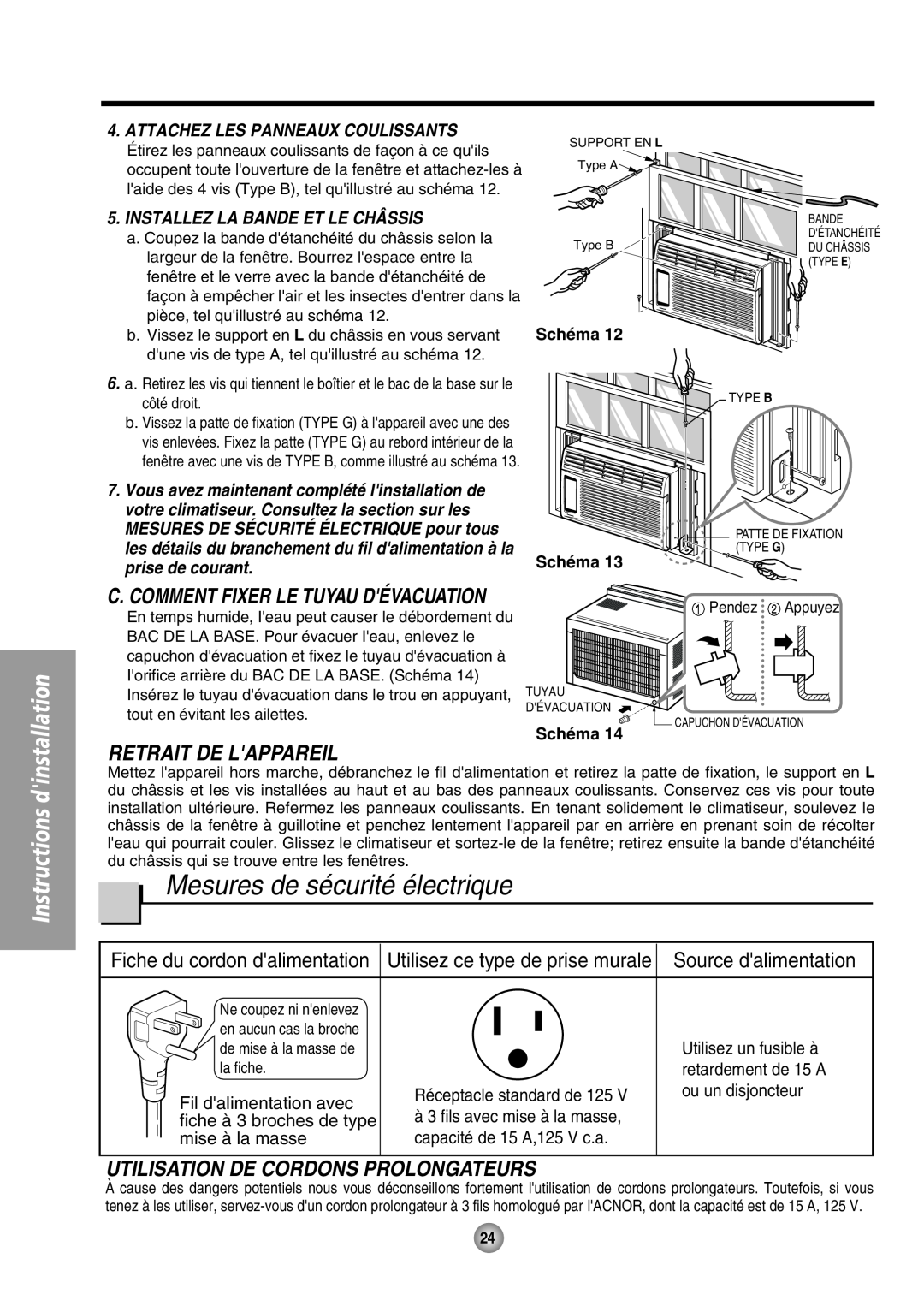Panasonic CW-XC54HU manual Mesures de sécurité électrique, Retrait De Lappareil, Utilisez ce type de prise murale, Schéma 