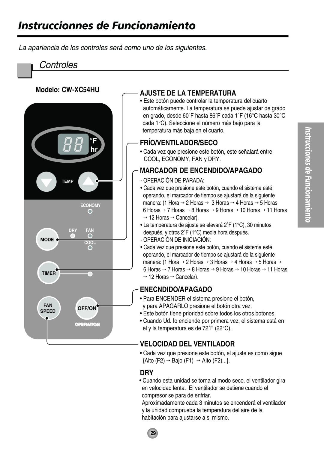 Panasonic CW-XC54HK Instruccionnes de Funcionamiento, Controles, Modelo CW-XC54HU, Frío/Ventilador/Seco, Enecndido/Apagado 