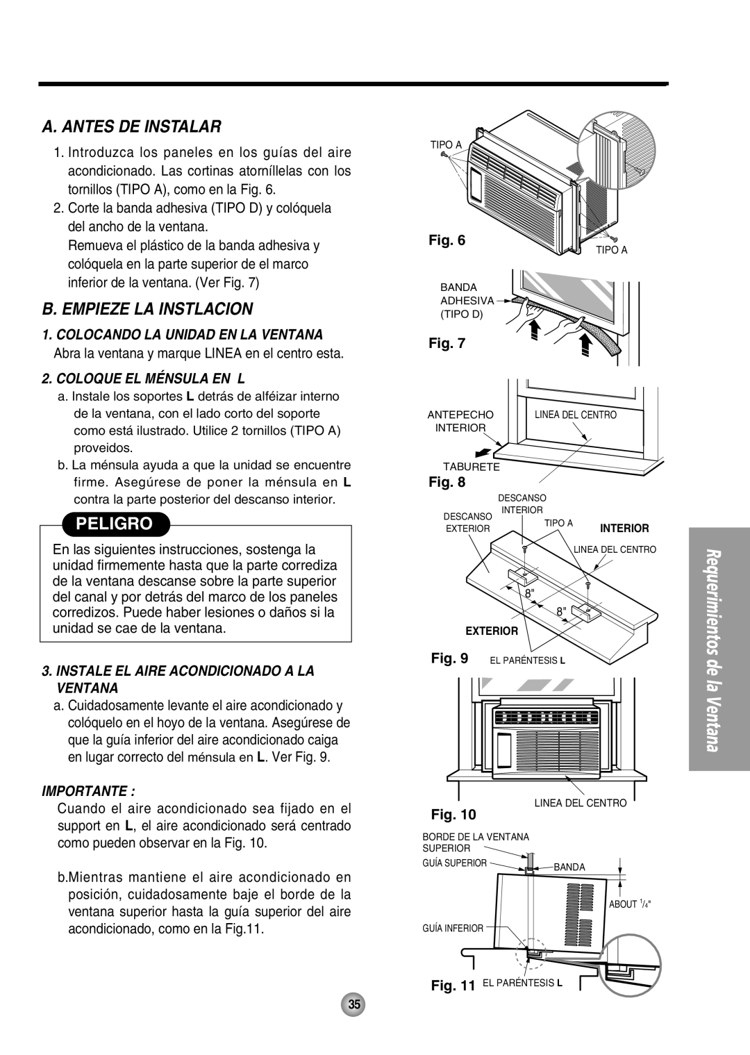 Panasonic CW-XC54HK manual A. Antes De Instalar, B. Empieze La Instlacion, Peligro, Coloque El Ménsula En L, Importante 