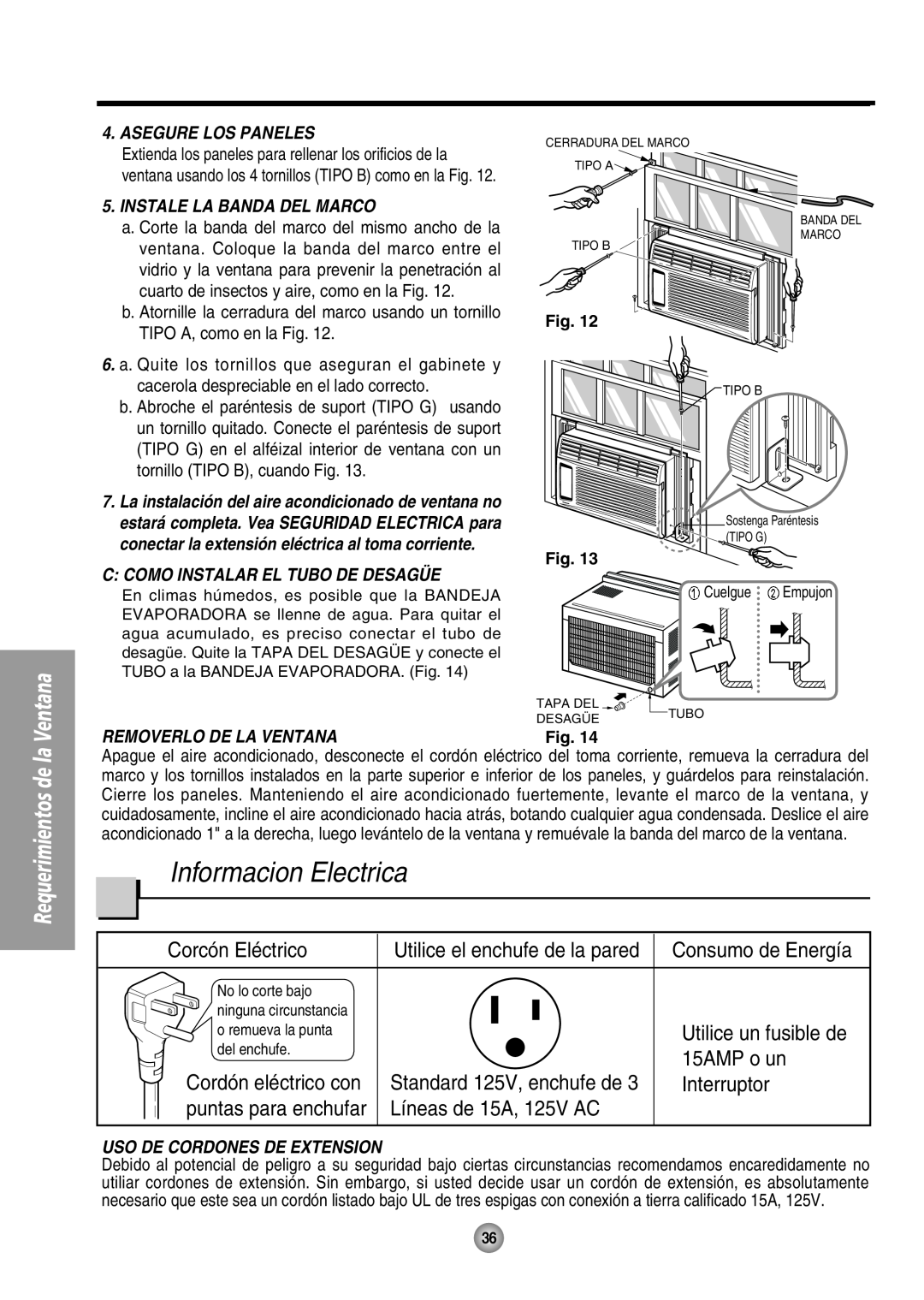 Panasonic CW-XC54HU manual Informacion Electrica, Corcón Eléctrico, Consumo de Energía, Utilice un fusible de, 15AMP o un 