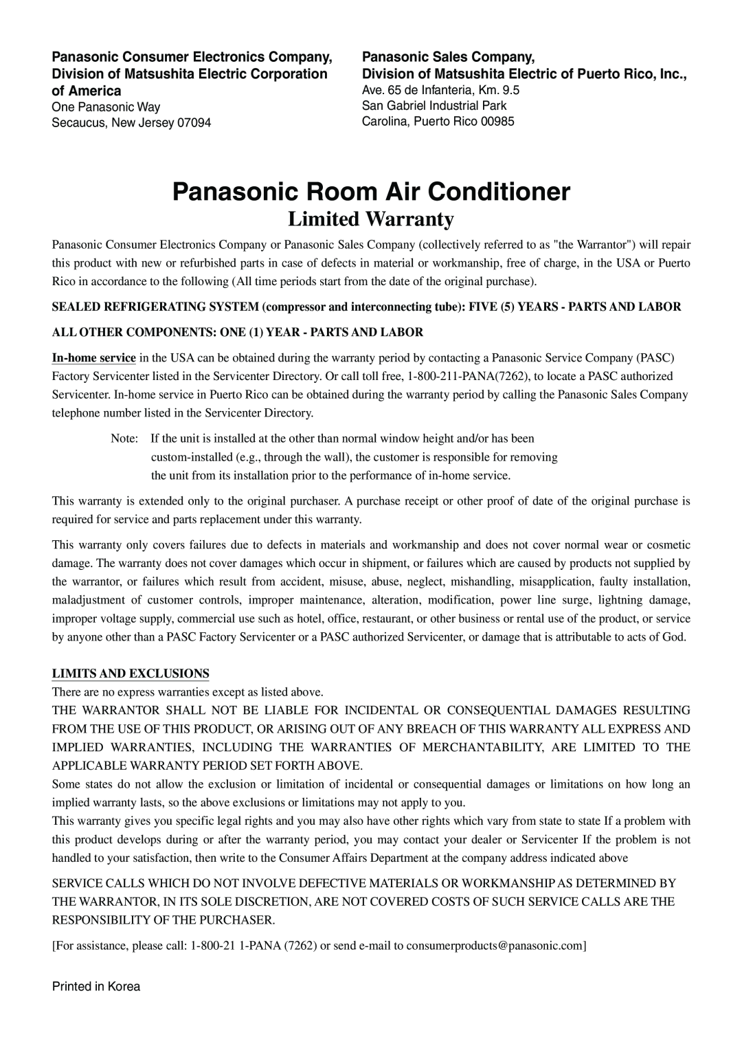 Panasonic CW-XC54HU Panasonic Room Air Conditioner, Limited Warranty, Panasonic Consumer Electronics Company, of America 