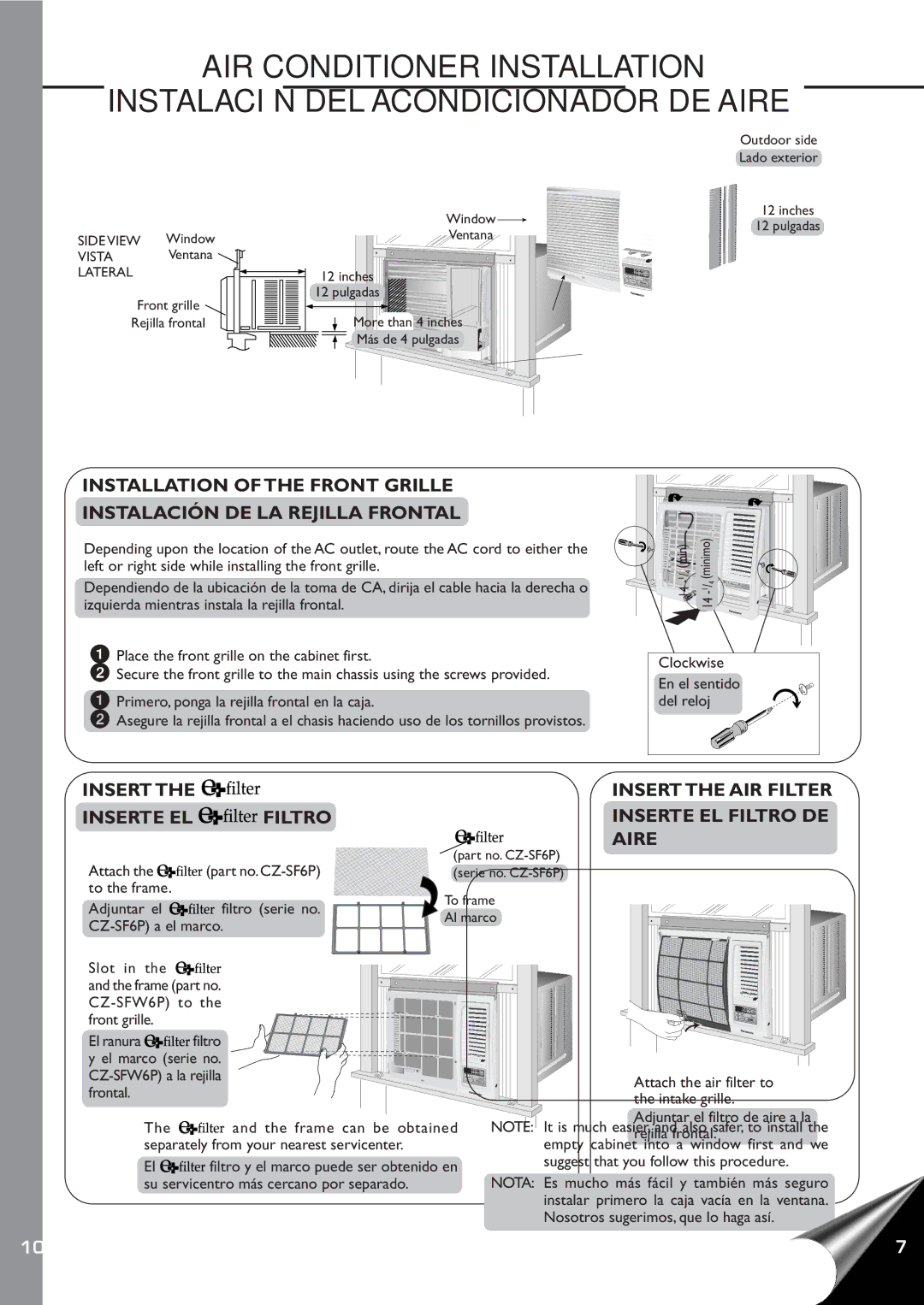 Panasonic CW-XC60YU manual Insert Inserte EL Filtro, Insert the AIR Filter Inserte EL Filtro DE Aire, Clockwise, Attach 