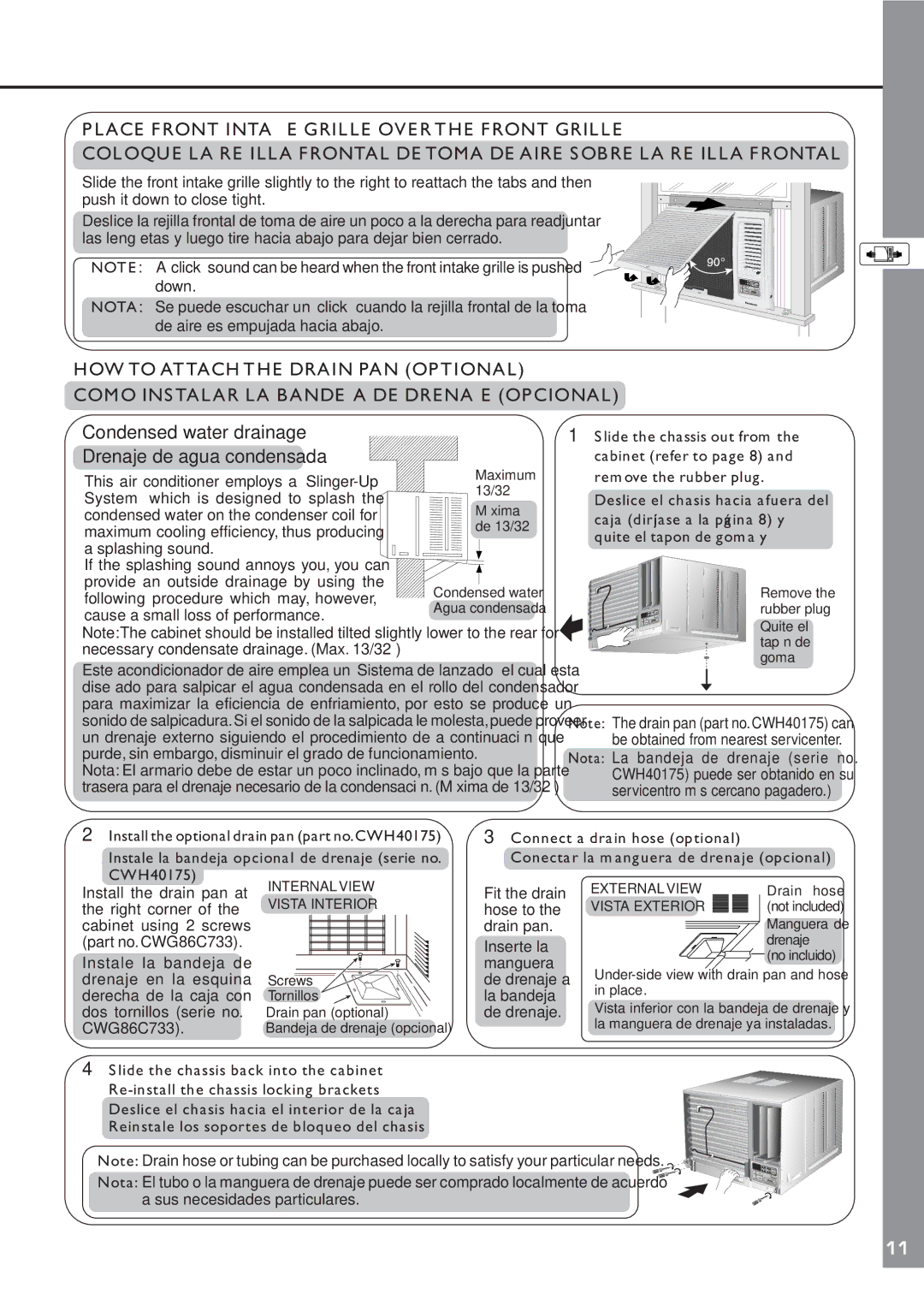 Panasonic CW-XC80YU Cause a small loss of performance, Fit the drain, Hose to, Drain pan, Inserte la, Manguera, La bandeja 