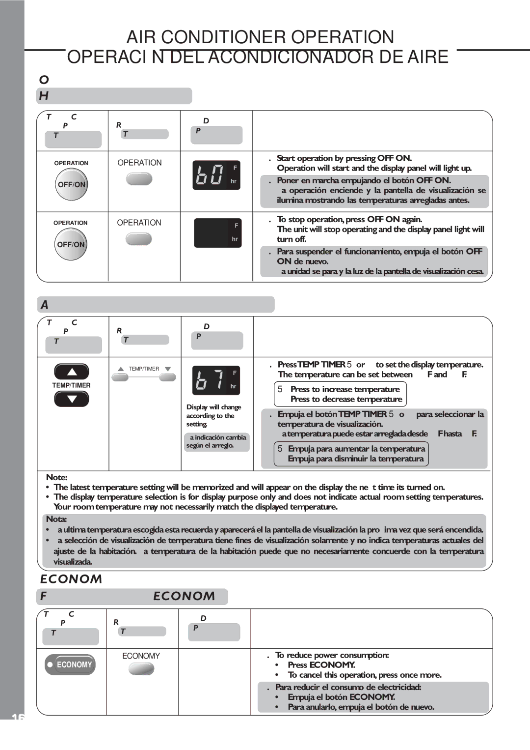 Panasonic CW-XC60YU manual Operating the unit Hacer funcionar la unidad, Economy mode operation Funcionamento en Economy 