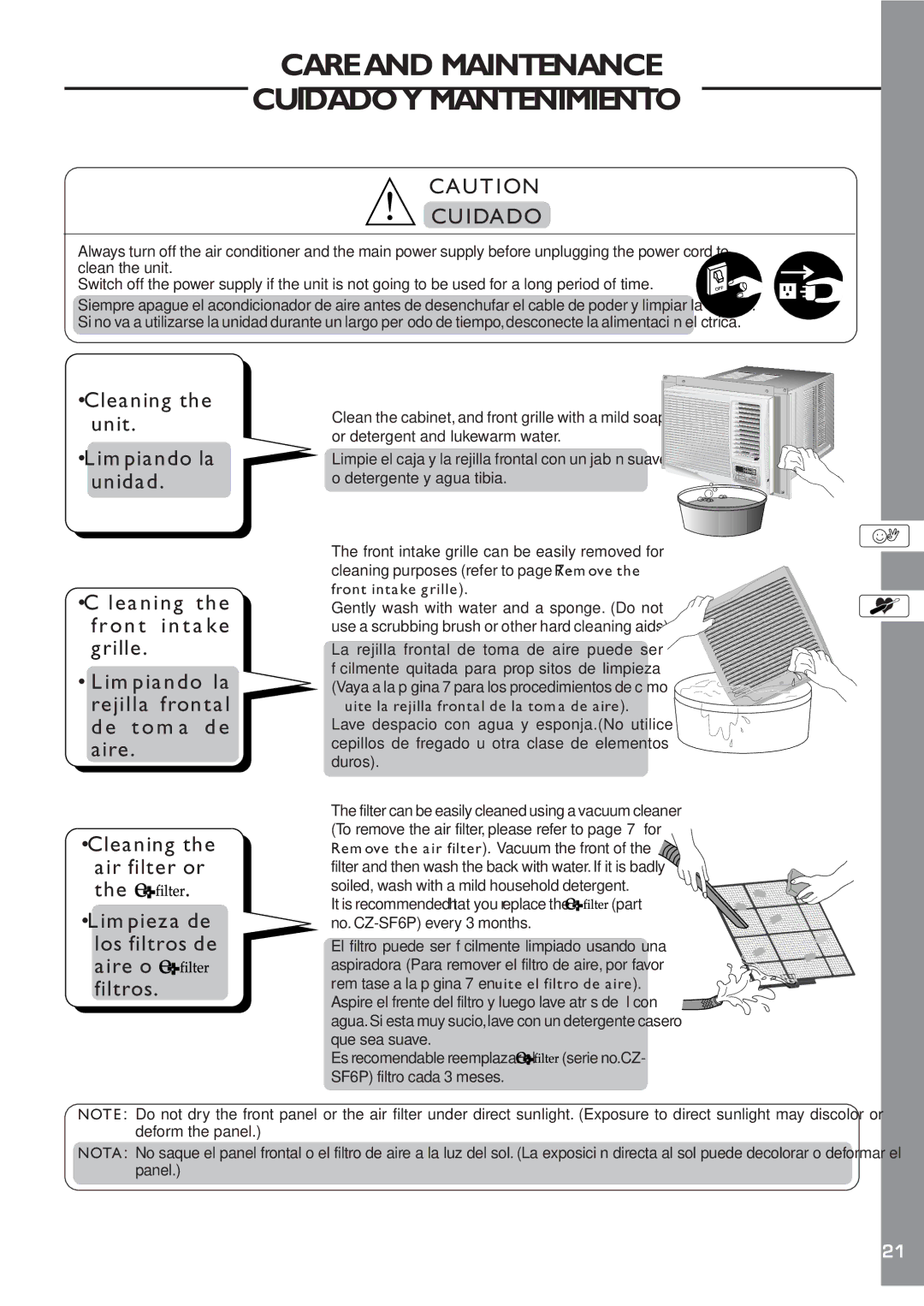 Panasonic CW-XC80YU, CW-XC60YU manual Care and Maintenance Cuidadoy Mantenimiento 