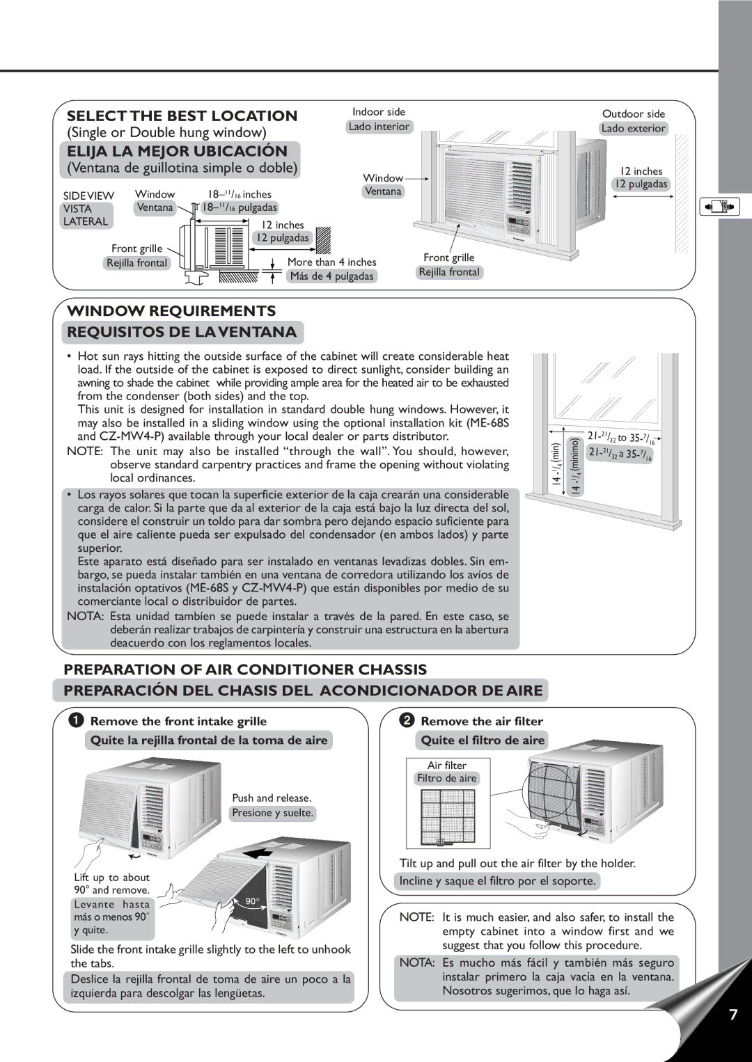 Panasonic CW-XC80YU manual Select the Best Location, Elija LA Mejor Ubicación, Window Requirements Requisitos DE LA Ventana 