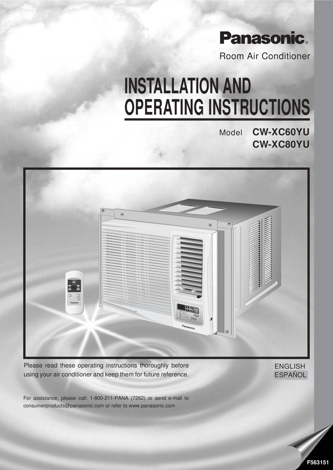 Panasonic CW-XC80YU manual Installation And, Operating Instructions, CW-XC60YU, Room Air Conditioner, Model, English 