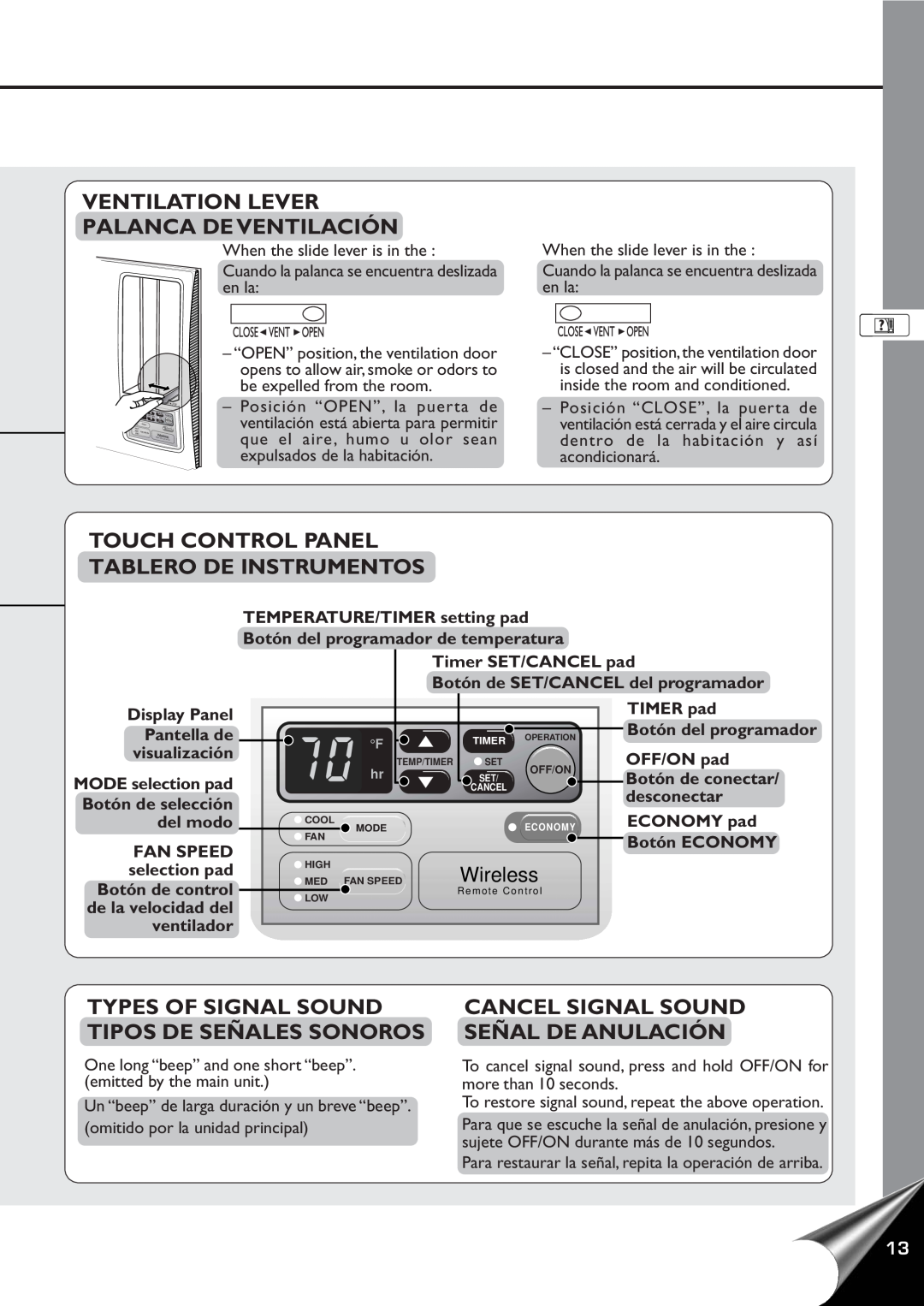 Panasonic CW-XC80YU manual Ventilation Lever Palanca De Ventilación, Touch Control Panel, Tablero De Instrumentos, Wireless 