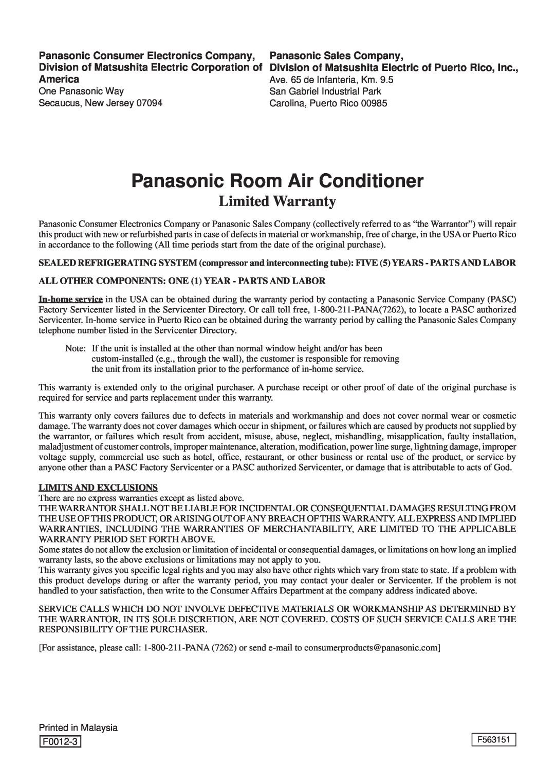 Panasonic CW-XC60YU Panasonic Room Air Conditioner, Limited Warranty, Panasonic Consumer Electronics Company, America 
