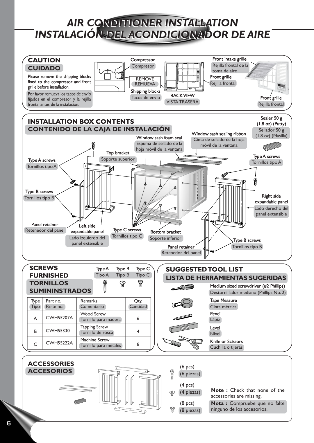 Panasonic CW-XC60YU manual Air Conditioner Installation, Instalación Del Acondicionador De Aire, Installation Box Contents 