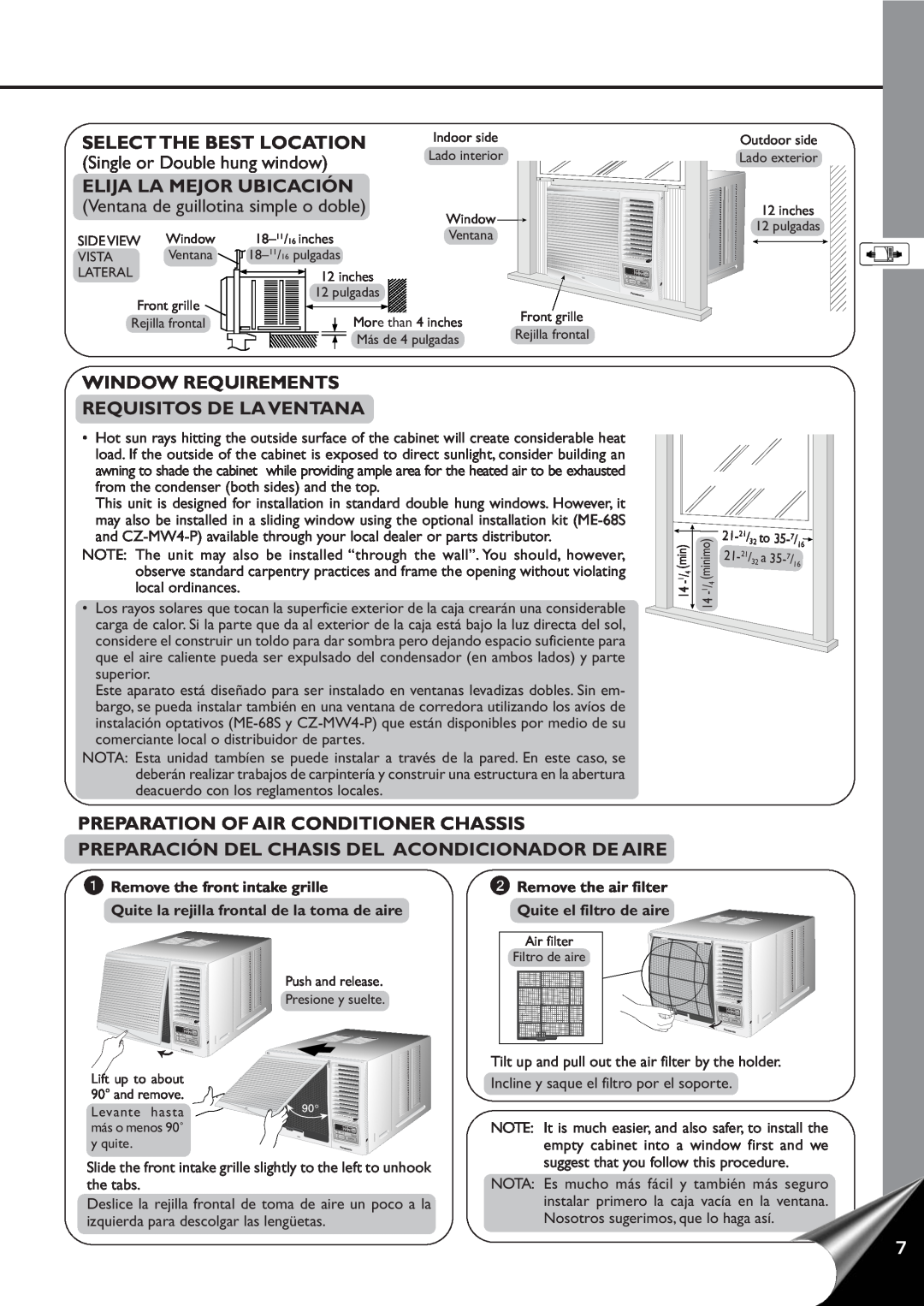 Panasonic CW-XC80YU manual Select The Best Location, Elija La Mejor Ubicación, Window Requirements Requisitos De La Ventana 