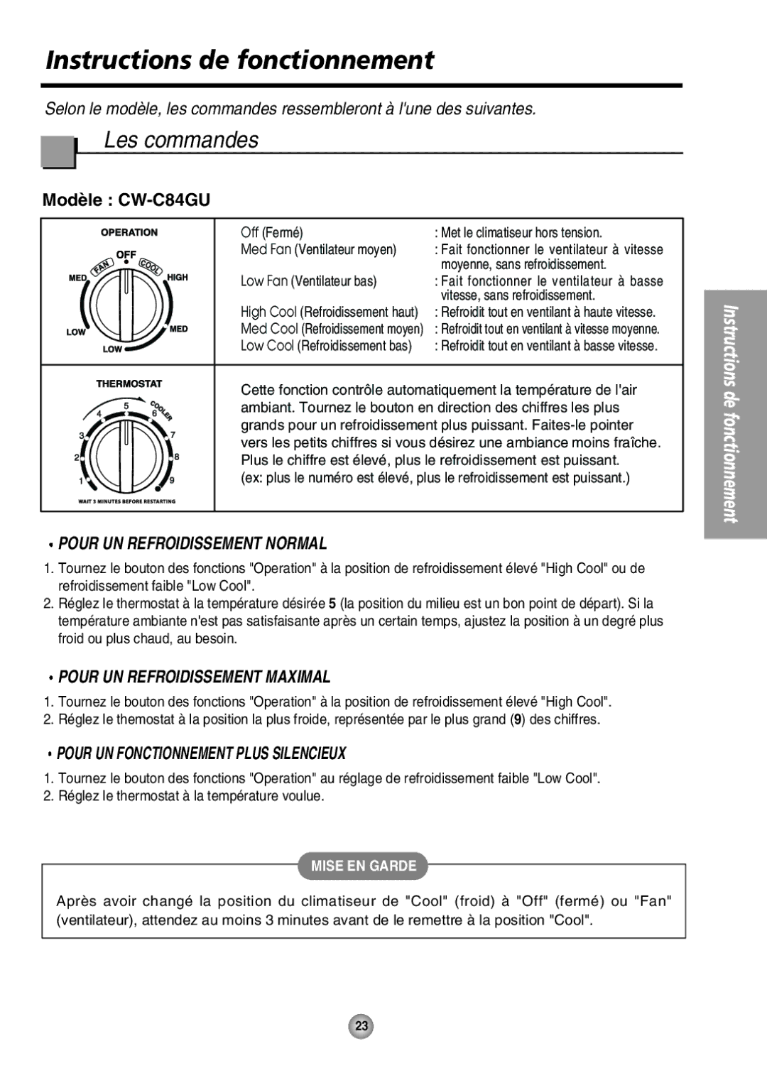 Panasonic CW-XC64HU manual Instructions de fonctionnement, Les commandes, Pour UN Refroidissement Normal 