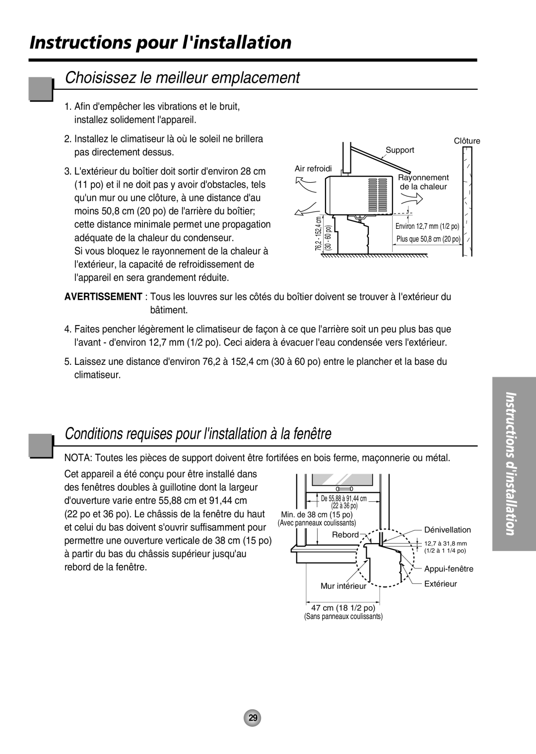 Panasonic CW-XC64HU manual Instructions pour linstallation, Choisissez le meilleur emplacement 