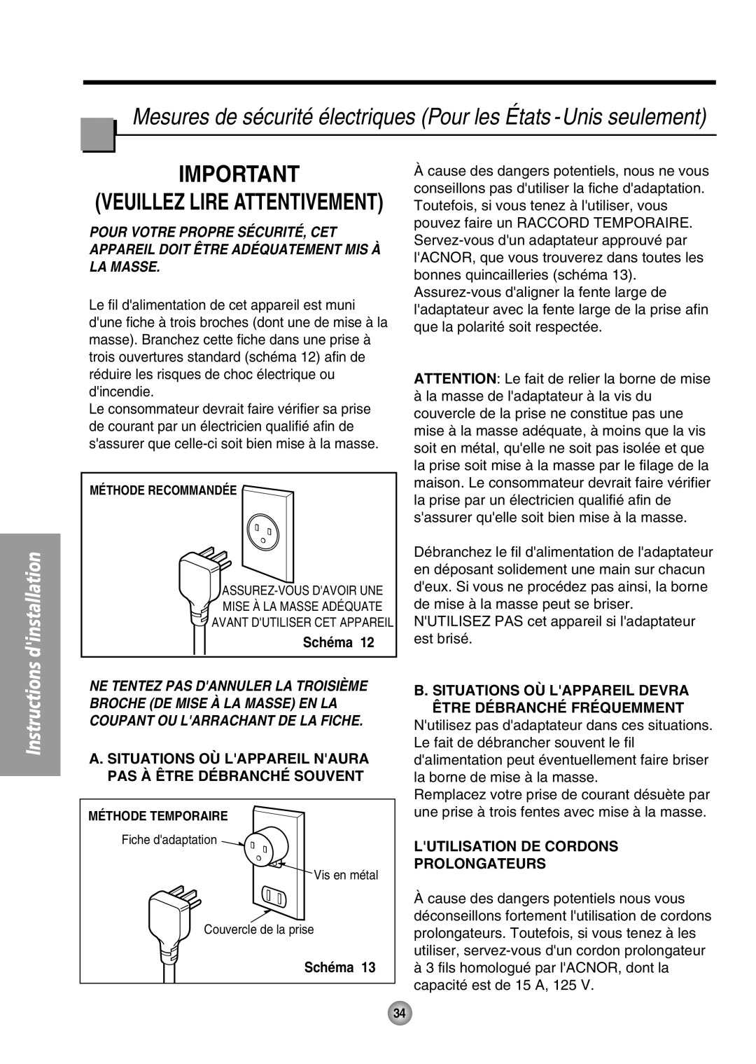 Panasonic CW-XC64HU Situations OÙ Lappareil Naura PAS À Être Débranché Souvent, Lutilisation DE Cordons Prolongateurs 