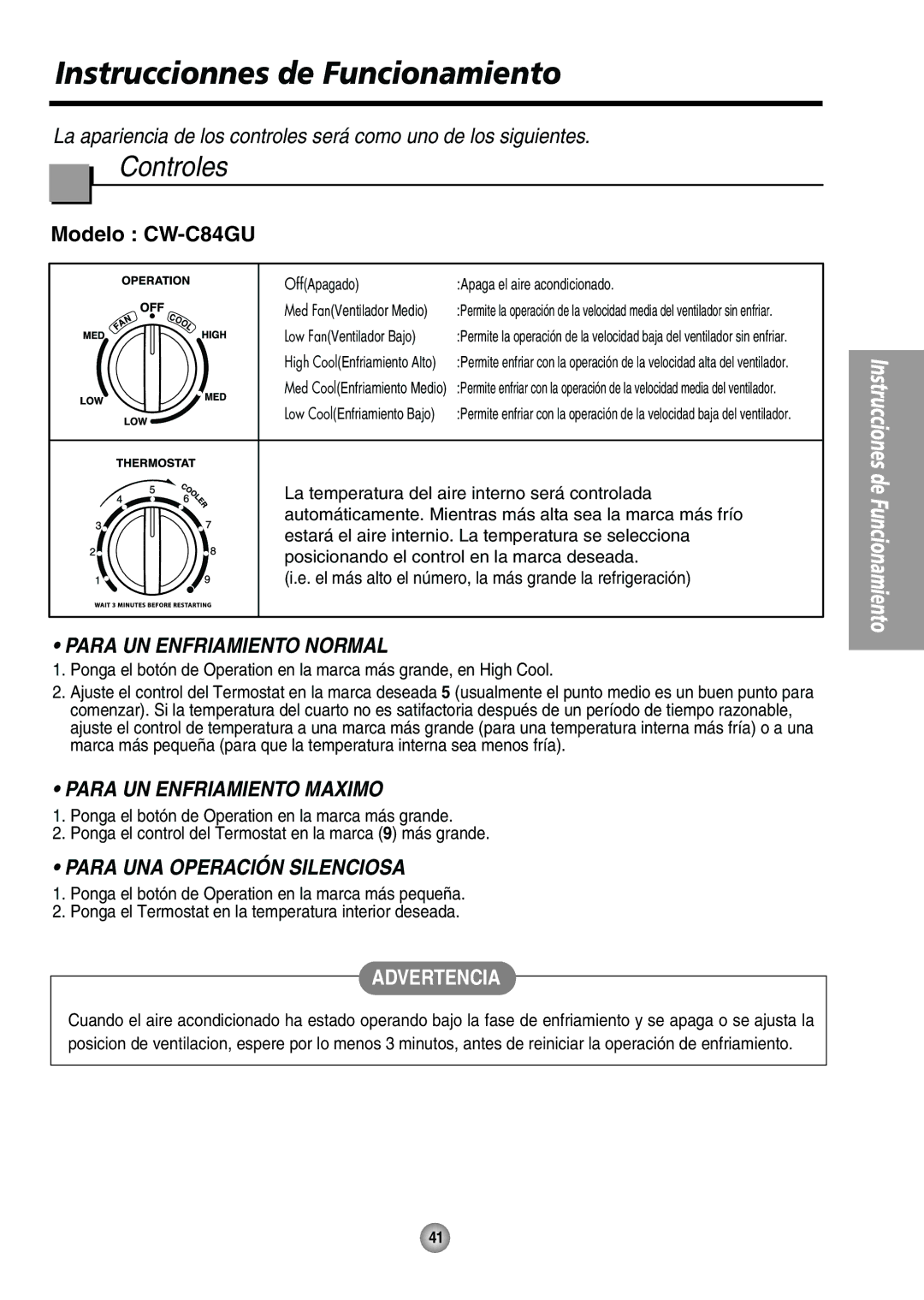 Panasonic CW-XC64HU Instruccionnes de Funcionamiento, Controles, Para UN Enfriamiento Normal, Para UN Enfriamiento Maximo 