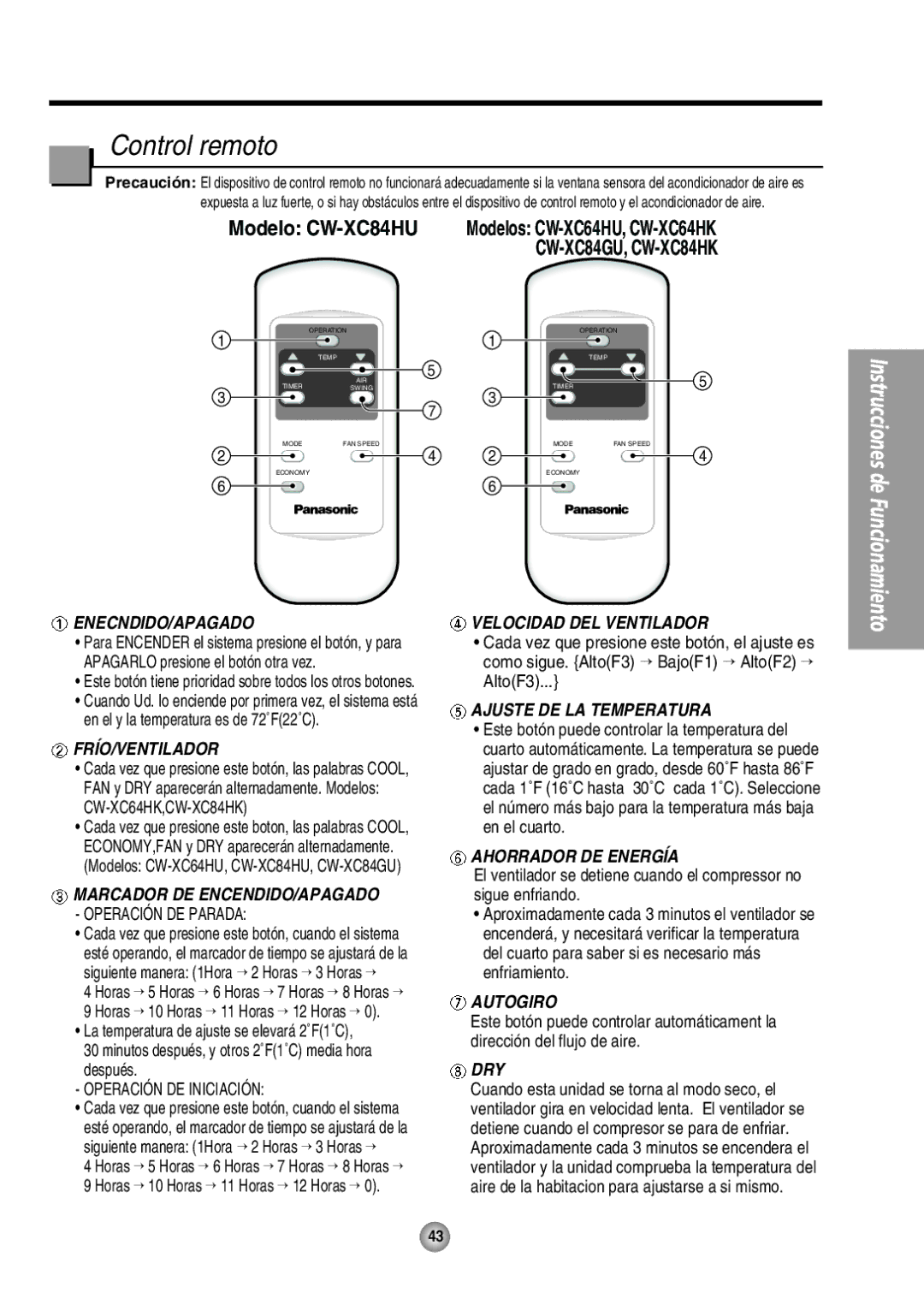 Panasonic CW-XC64HU manual Control remoto, Ahorrador DE Energía 