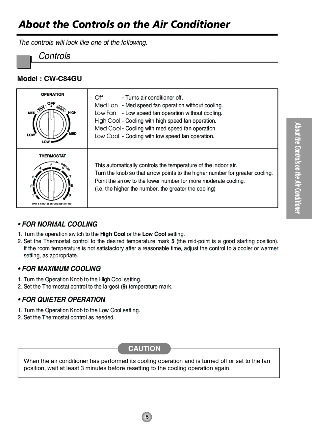 Panasonic CW-XC64HU manual About the Controls on the Air Conditioner, For Normal Cooling, For Maximum Cooling 