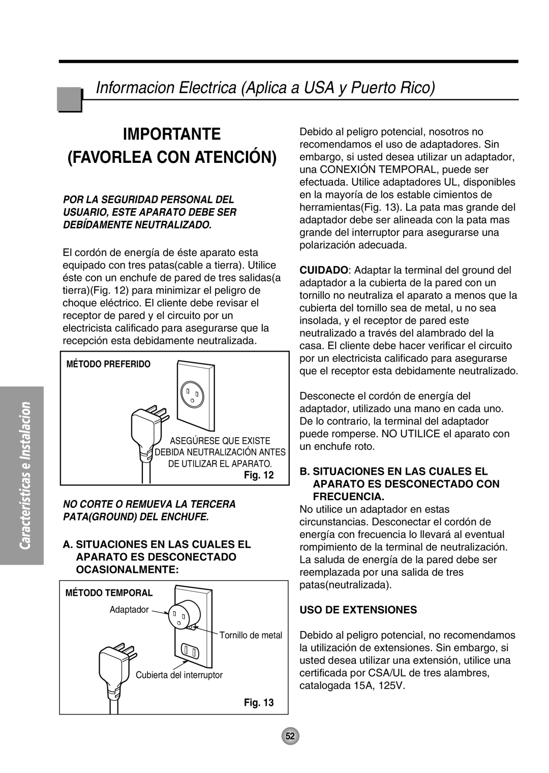 Panasonic CW-XC64HU manual Informacion Electrica Aplica a USA y Puerto Rico, USO DE Extensiones 