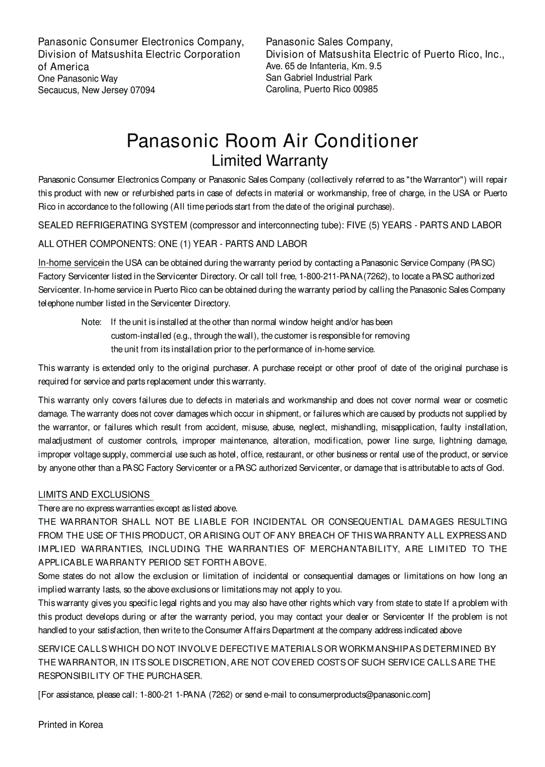 Panasonic CW-XC64HU manual Panasonic Room Air Conditioner 