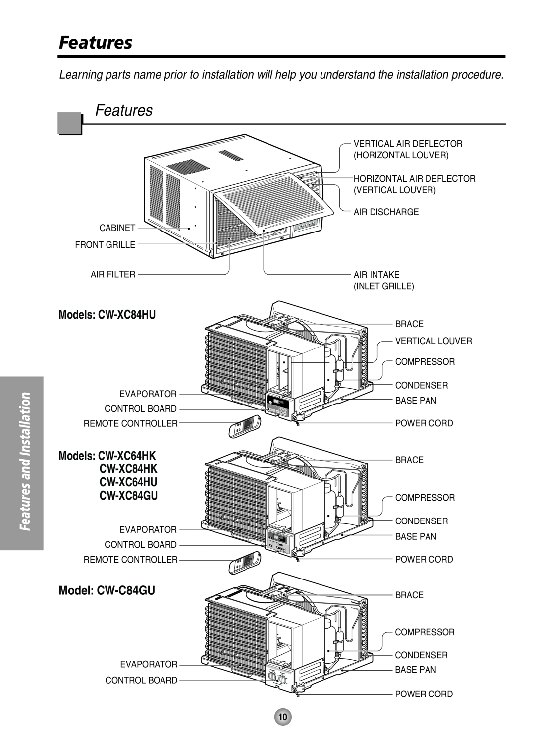 Panasonic manual Features, Models: CW-XC84HU, Models CW-XC64HK CW-XC84HK CW-XC64HU CW-XC84GU, Model CW-C84GU 