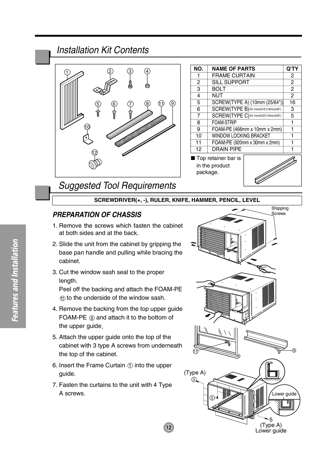 Panasonic CW-XC64HU manual Installation Kit Contents, Suggested Tool Requirements, Preparation Of Chassis 