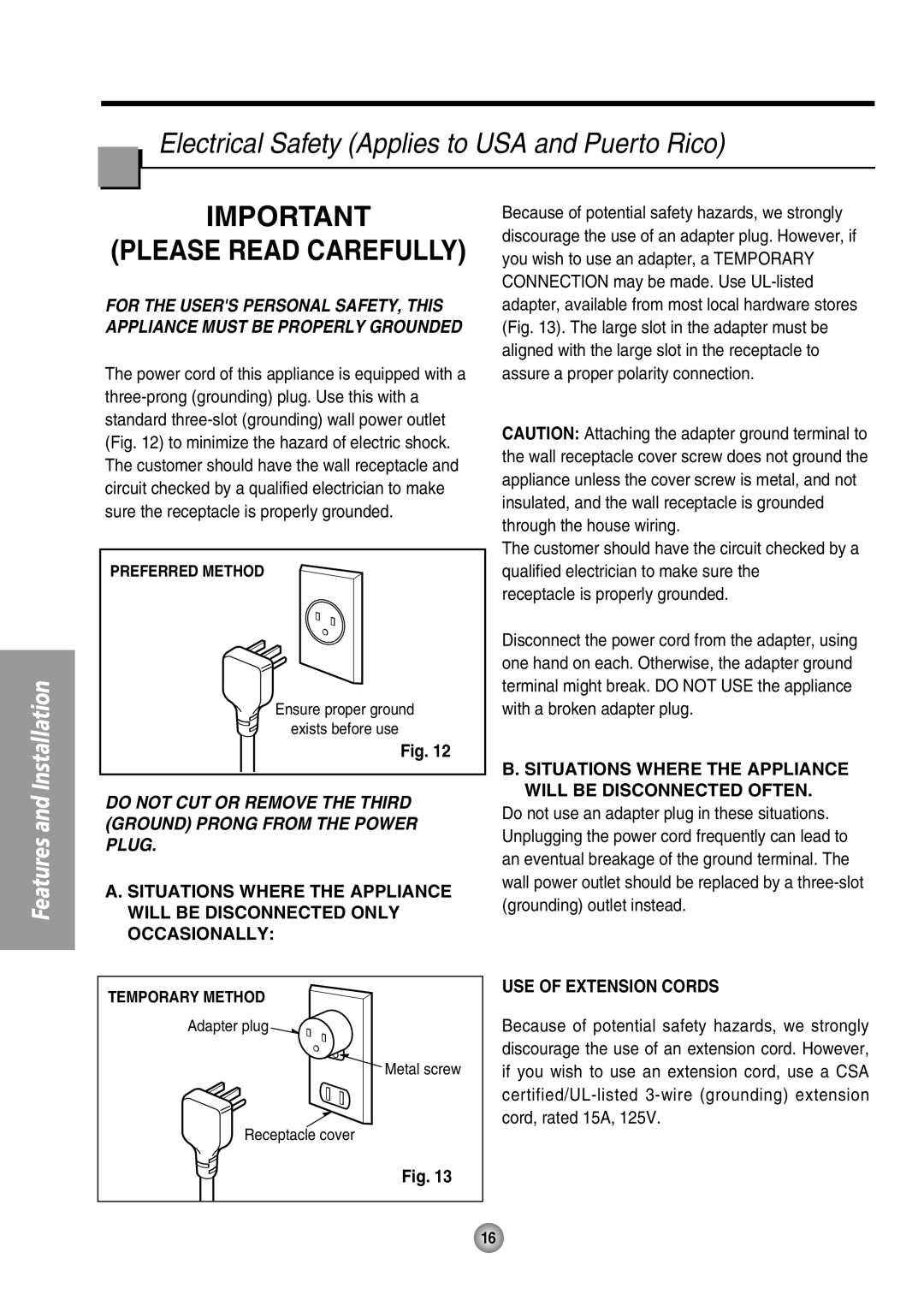 Panasonic CW-XC64HU Electrical Safety Applies to USA and Puerto Rico, Please Read Carefully, Use Of Extension Cords, Fig 