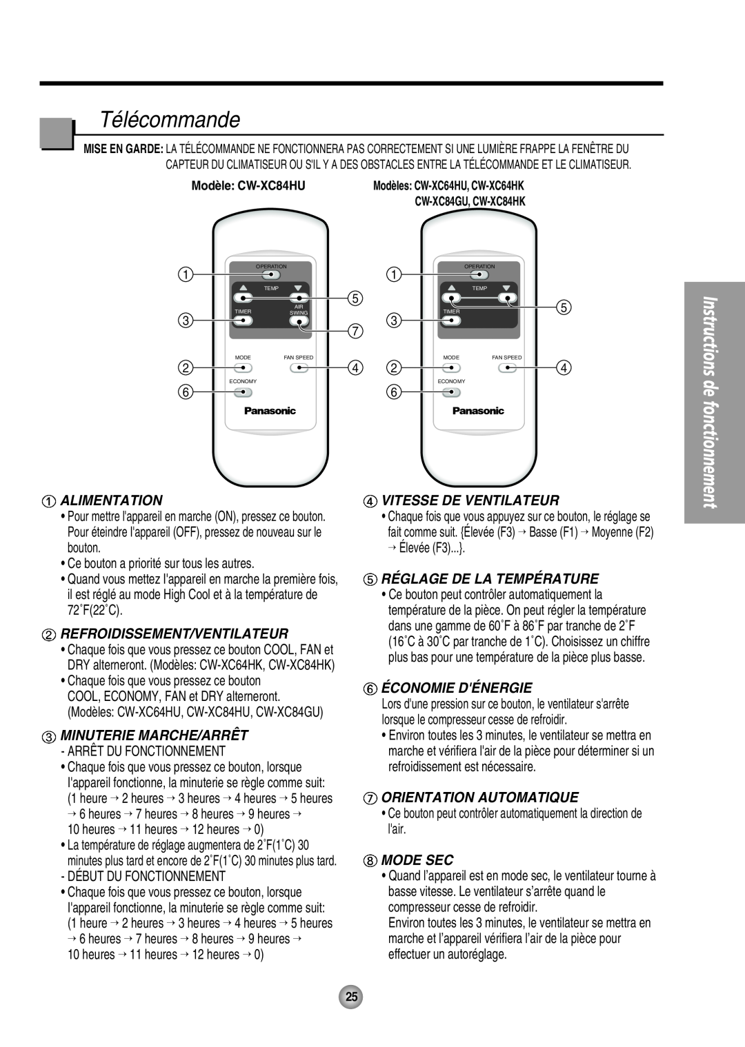 Panasonic CW-XC64HU manual Télécommande, Mode Sec, Alimentation, Refroidissement/Ventilateur, Vitesse De Ventilateur 