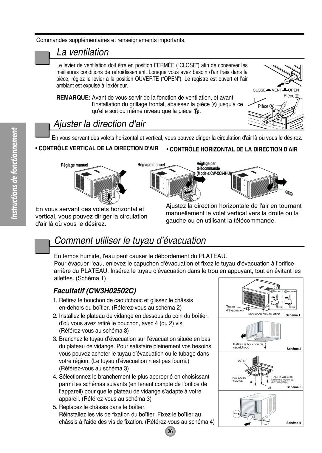 Panasonic CW-XC64HU manual La ventilation, Ajuster la direction dair, Comment utiliser le tuyau d’évacuation 