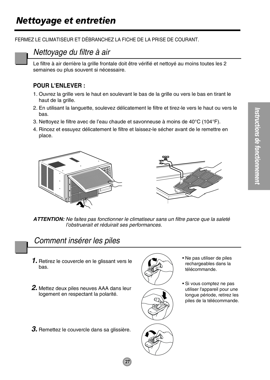 Panasonic CW-XC64HU manual Nettoyage et entretien, Nettoyage du filtre à air, Comment insérer les piles, Pour Lenlever 