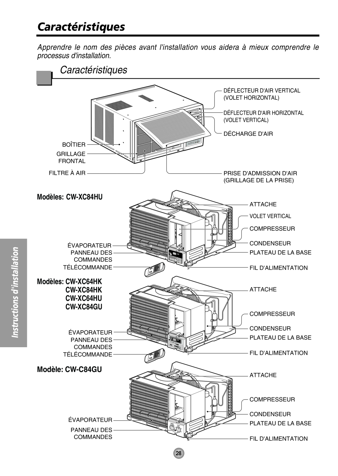 Panasonic manual Caractéristiques, Modèles: CW-XC84HU, Modèles CW-XC64HK CW-XC84HK CW-XC64HU CW-XC84GU, Modèle: CW-C84GU 