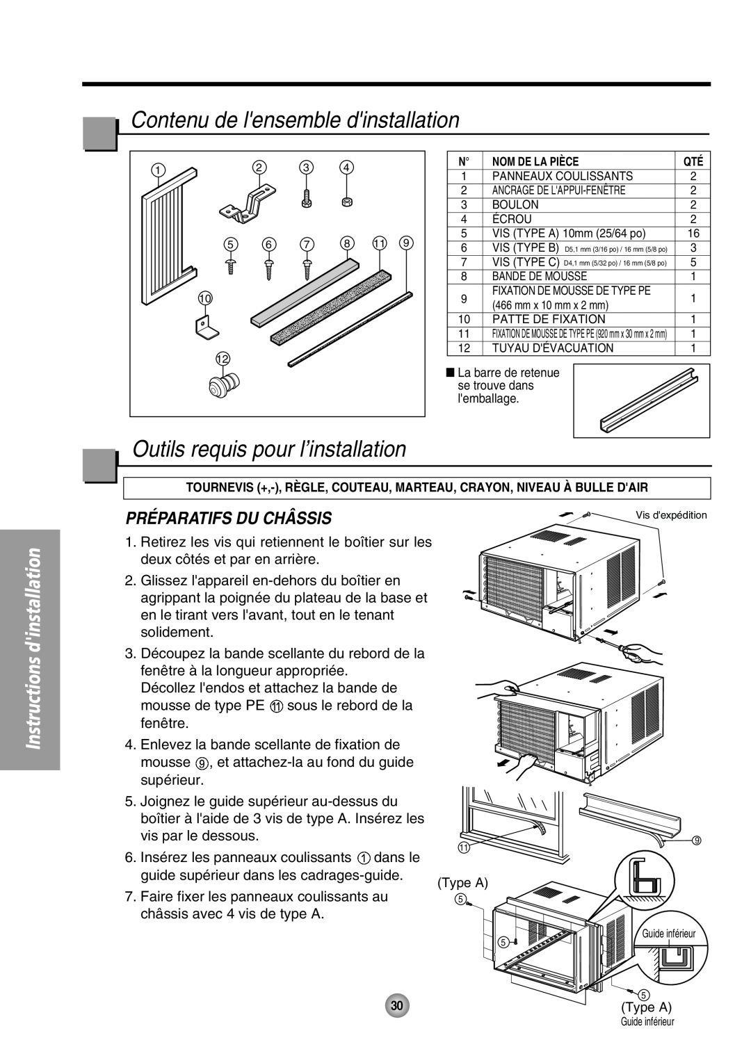 Panasonic CW-XC64HU manual Contenu de lensemble dinstallation, Outils requis pour l’installation, Préparatifs Du Châssis 
