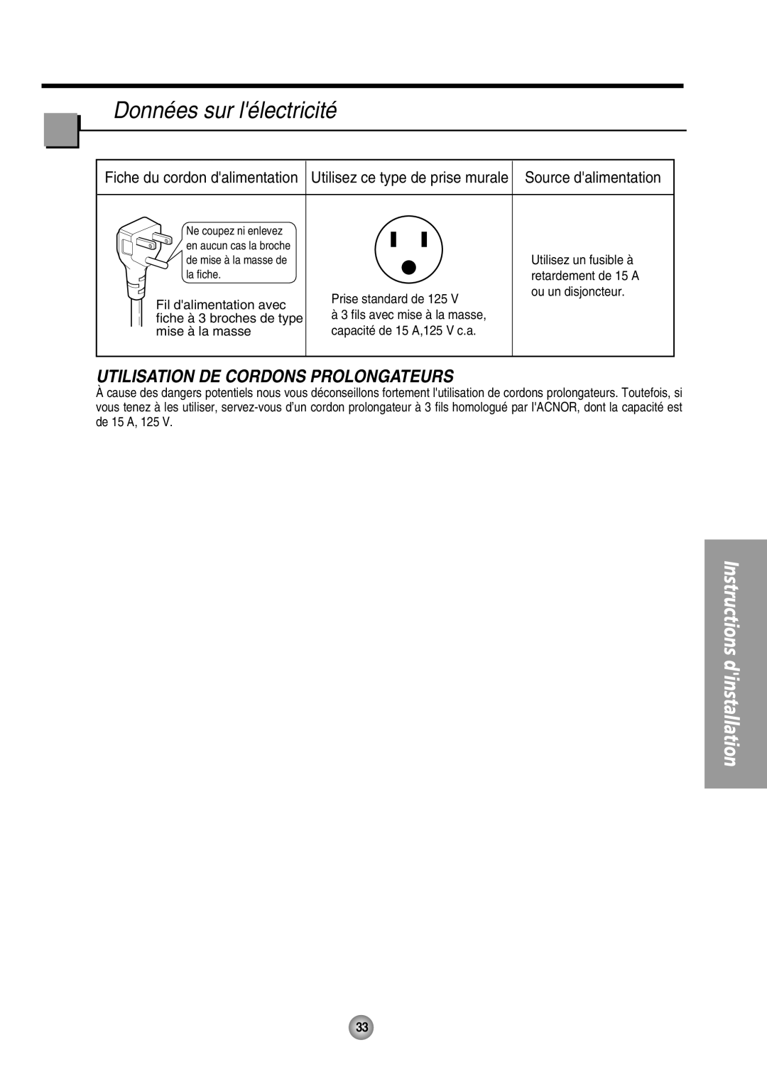 Panasonic CW-XC64HU manual Données sur lélectricité, Utilisation De Cordons Prolongateurs, Instructions dinstallation 