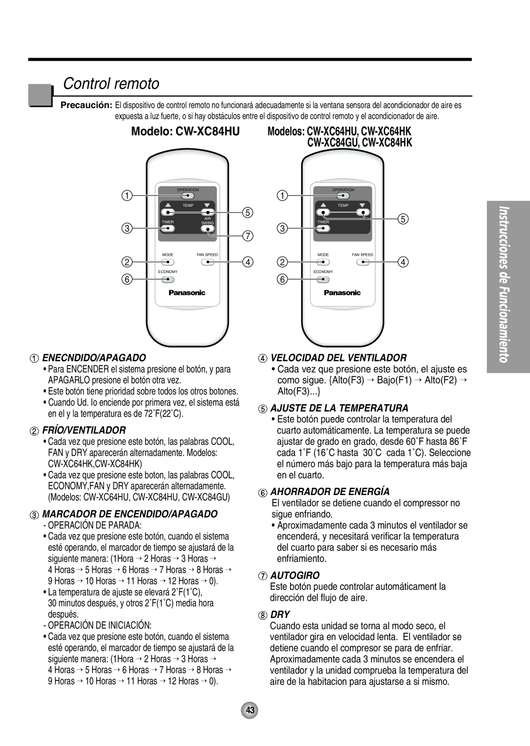 Panasonic CW-XC64HU Control remoto, Modelo CW-XC84HU, Ahorrador De Energía, Enecndido/Apagado, Frío/Ventilador, Autogiro 