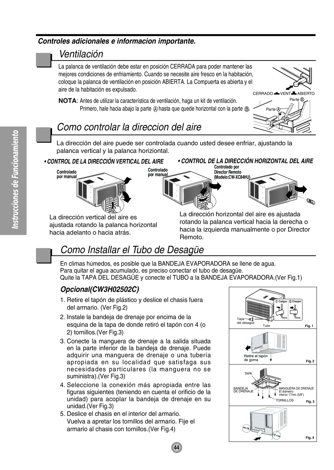 Panasonic CW-XC64HU manual Ventilación, Como controlar la direccion del aire, Como Installar el Tubo de Desagüe 