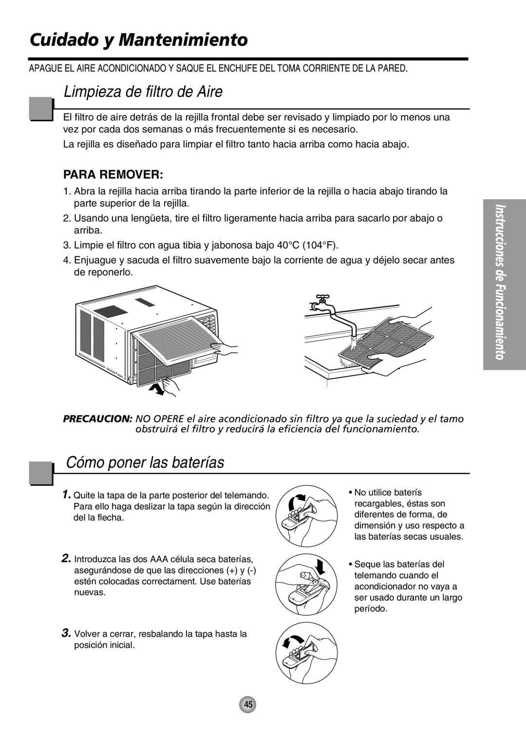 Panasonic CW-XC64HU manual Cuidado y Mantenimiento, Limpieza de filtro de Aire, Cómo poner las baterías, Para Remover 