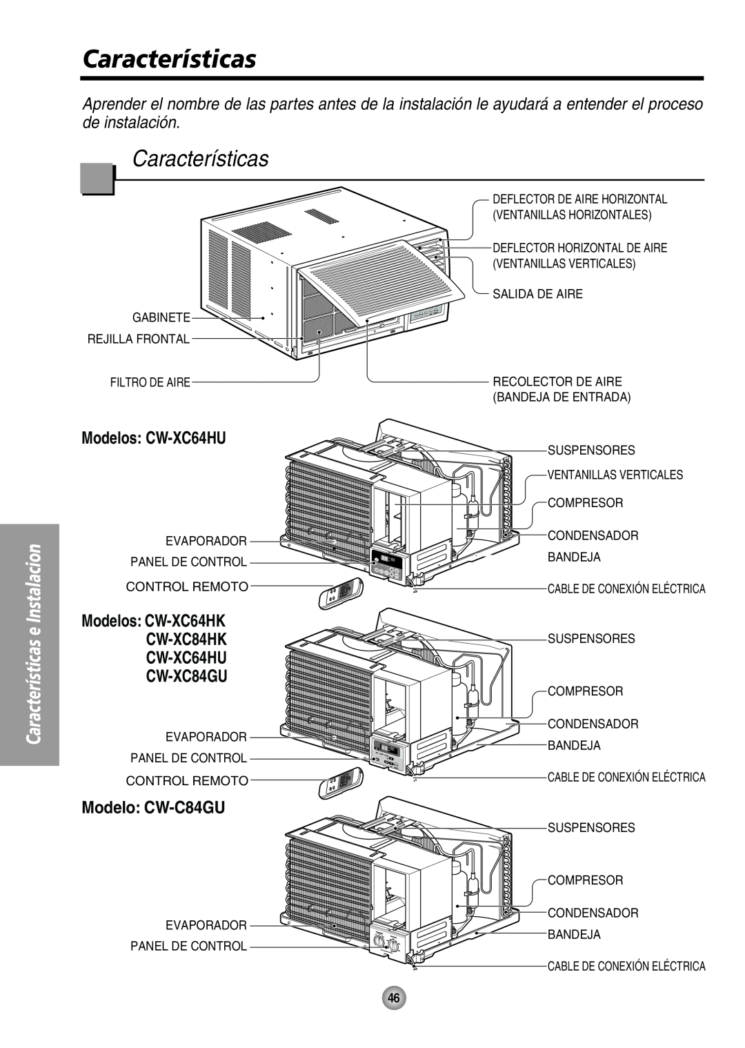 Panasonic manual Modelos CW-XC64HU, Modelo CW-C84GU, Instalacion, Características e, Evaporador 