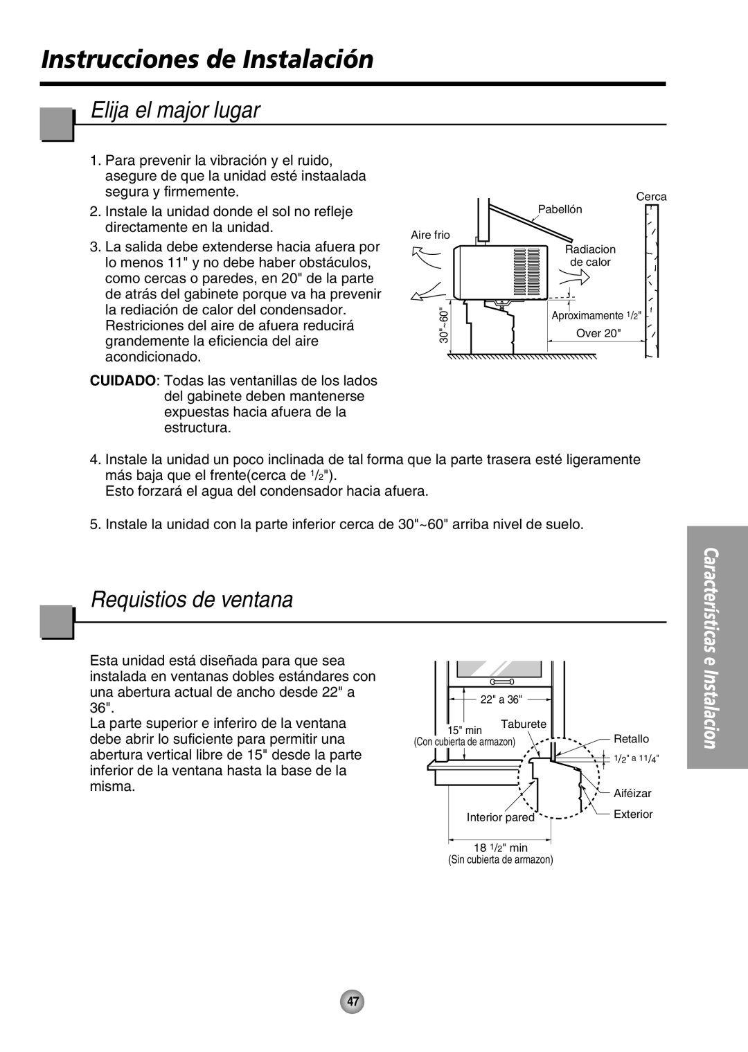 Panasonic CW-XC64HU manual Instrucciones de Instalación, Elija el major lugar, Requistios de ventana 