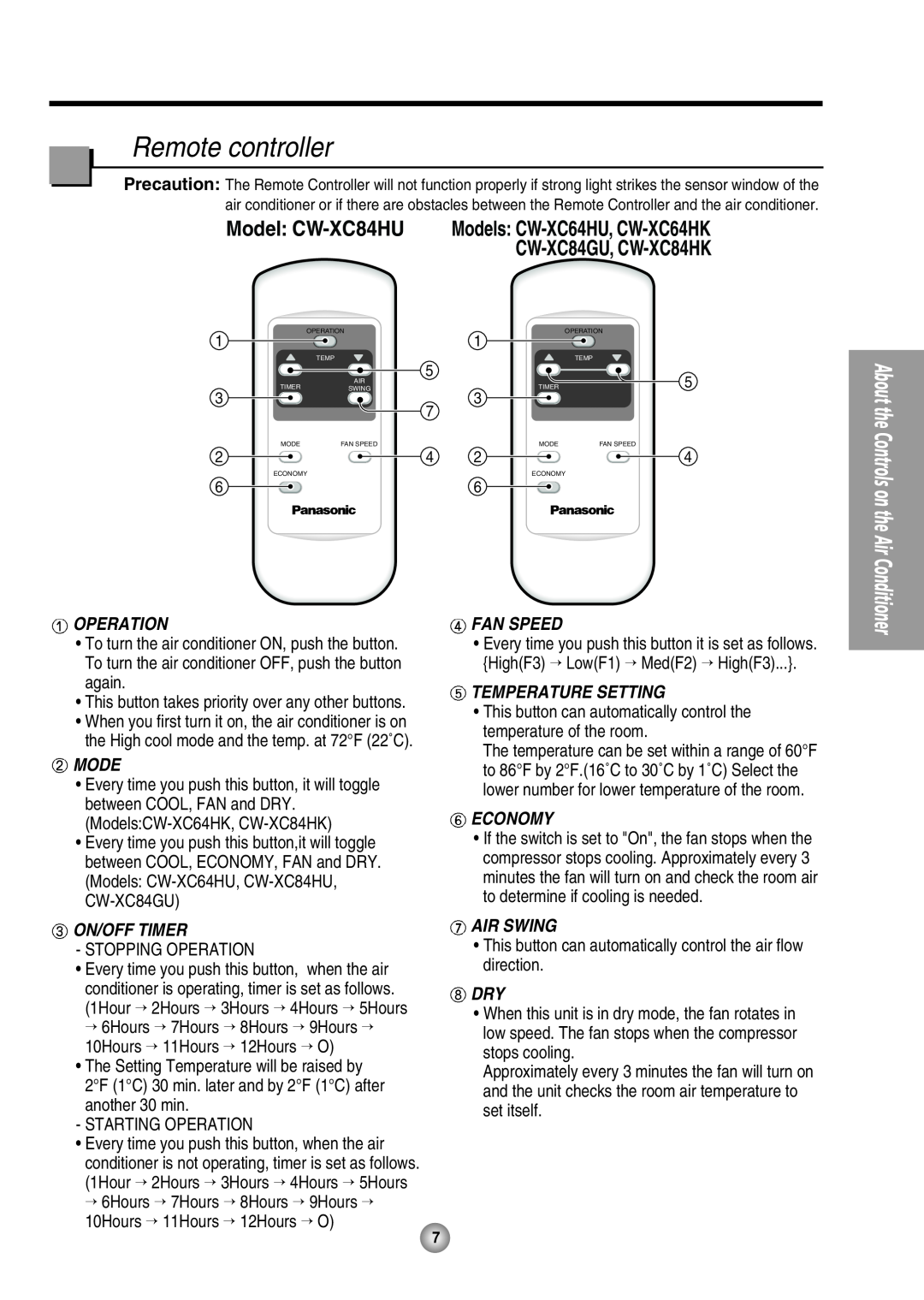 Panasonic CW-XC64HU manual Remote controller, Model: CW-XC84HU, Air Swing, Operation, On/Off Timer, Fan Speed, Economy 