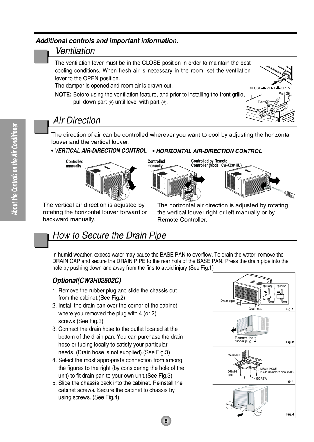 Panasonic CW-XC64HU manual Ventilation, Air Direction, How to Secure the Drain Pipe, OptionalCW3H02502C 