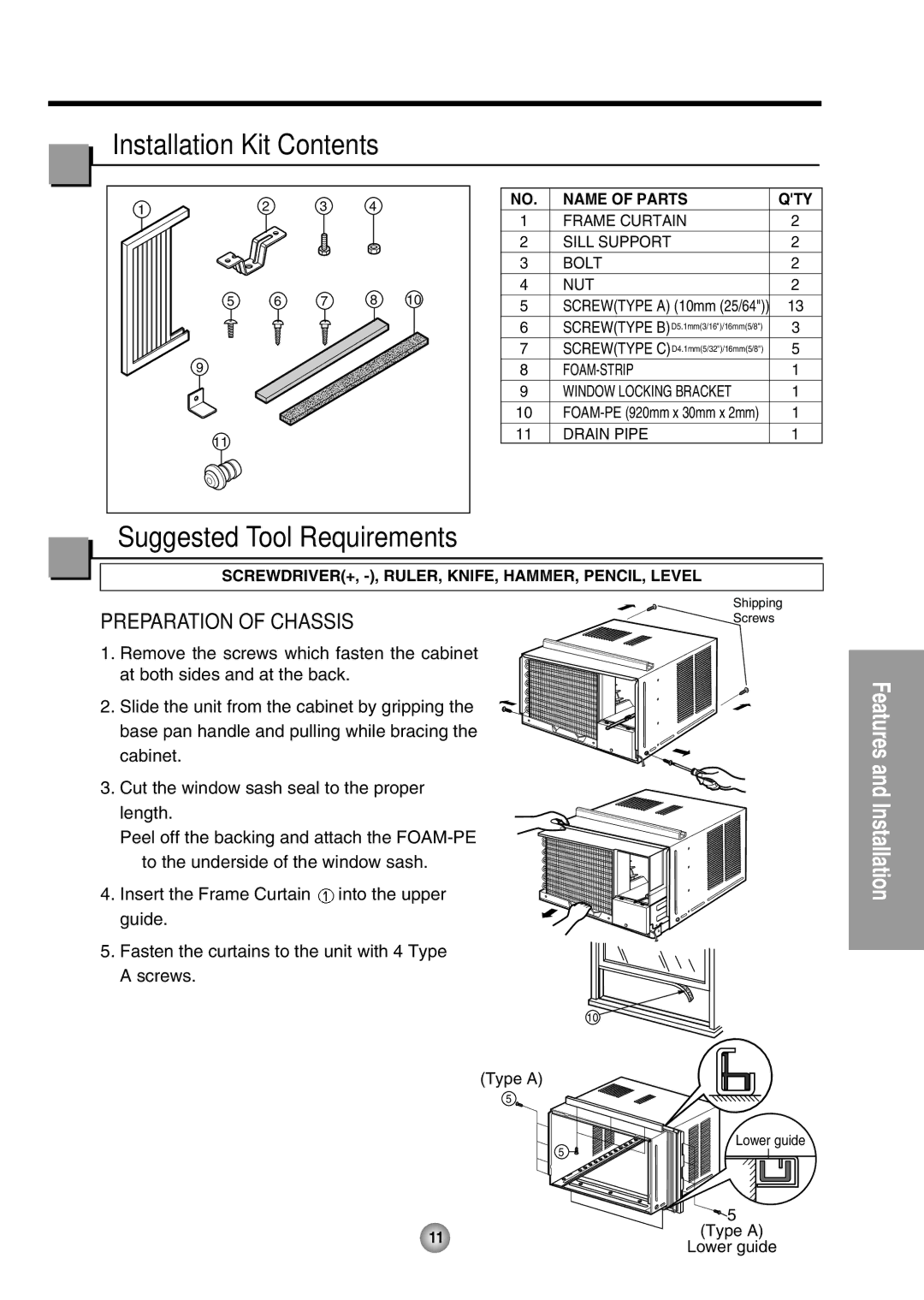 Panasonic CW-XC85HU, CW-XC65HU manual Installation Kit Contents, Suggested Tool Requirements 