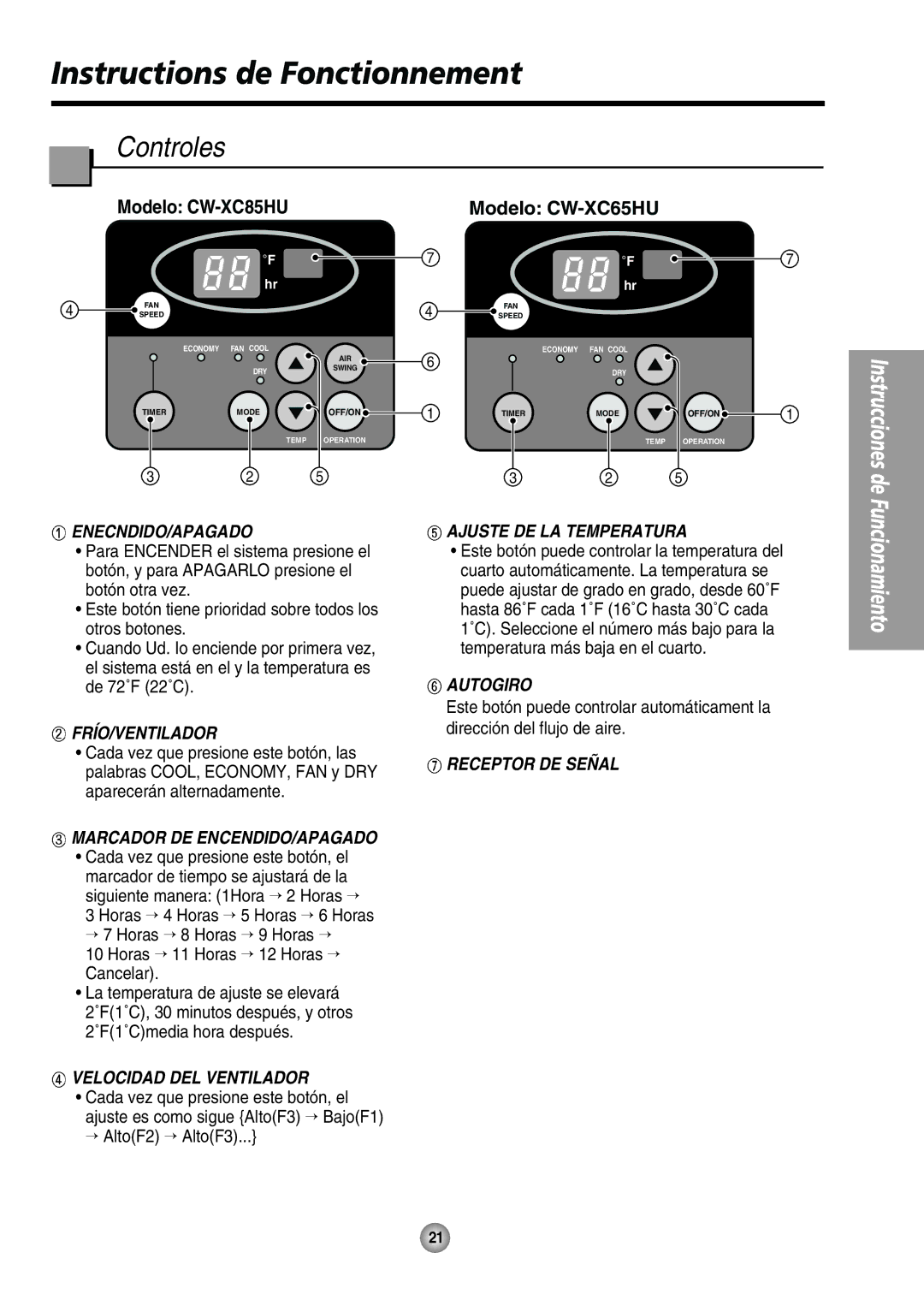 Panasonic CW-XC85HU, CW-XC65HU manual Instructions de Fonctionnement, Controles 