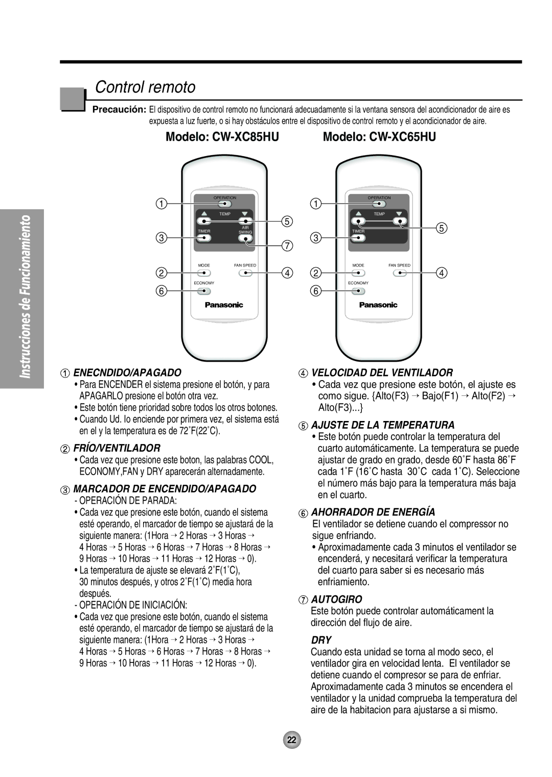 Panasonic CW-XC65HU, CW-XC85HU manual Control remoto, Ahorrador DE Energía 