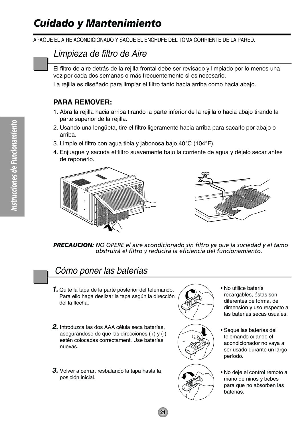 Panasonic CW-XC65HU, CW-XC85HU manual Cuidado y Mantenimiento, Limpieza de filtro de Aire, Cómo poner las baterías 