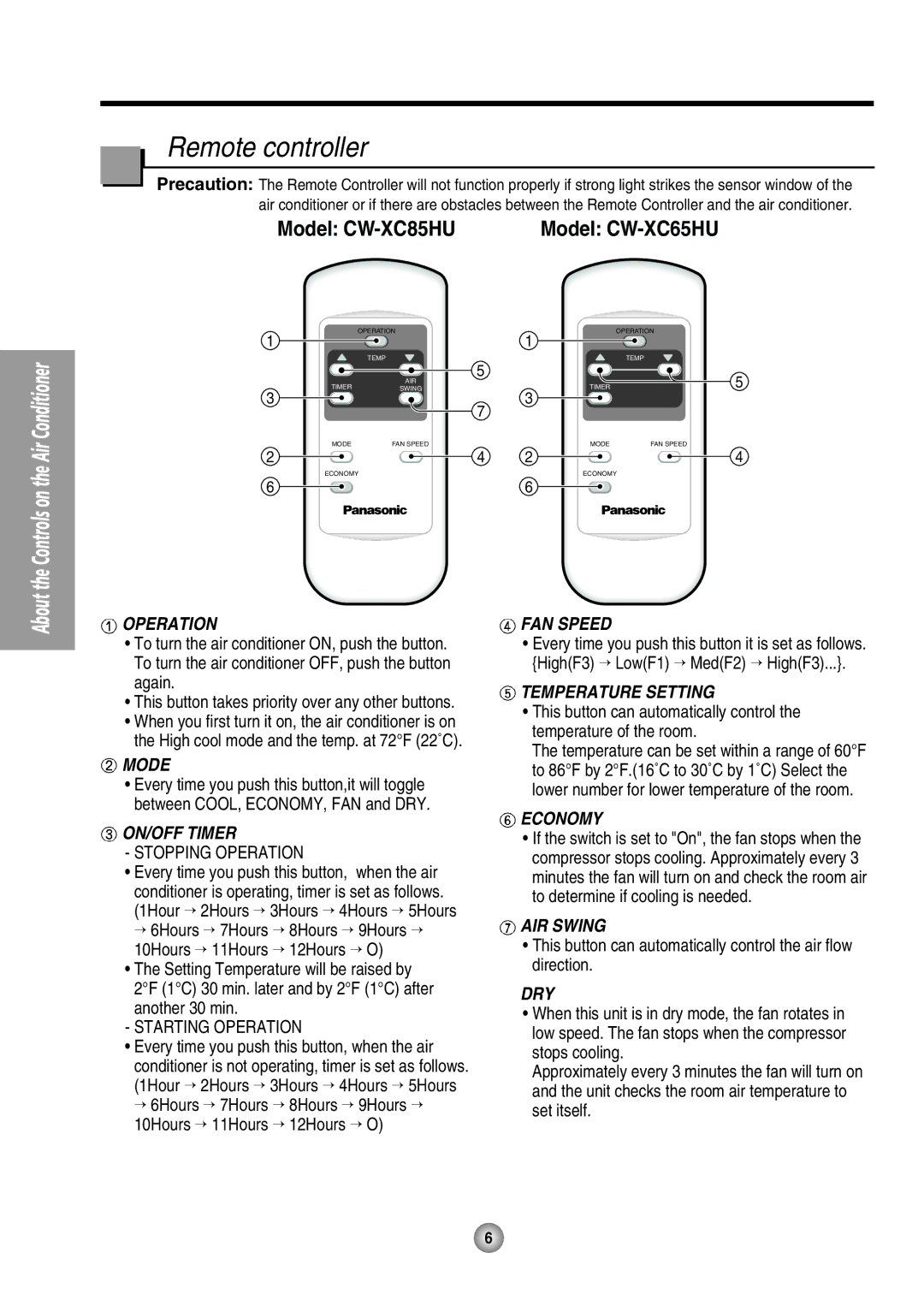 Panasonic CW-XC65HU, CW-XC85HU manual Remote controller, Economy, Dry 