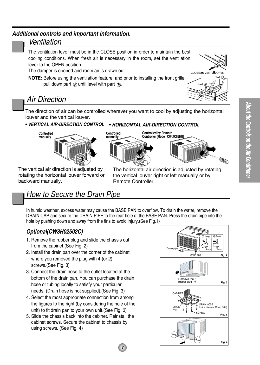 Panasonic CW-XC85HU, CW-XC65HU manual Ventilation, Air Direction, How to Secure the Drain Pipe 