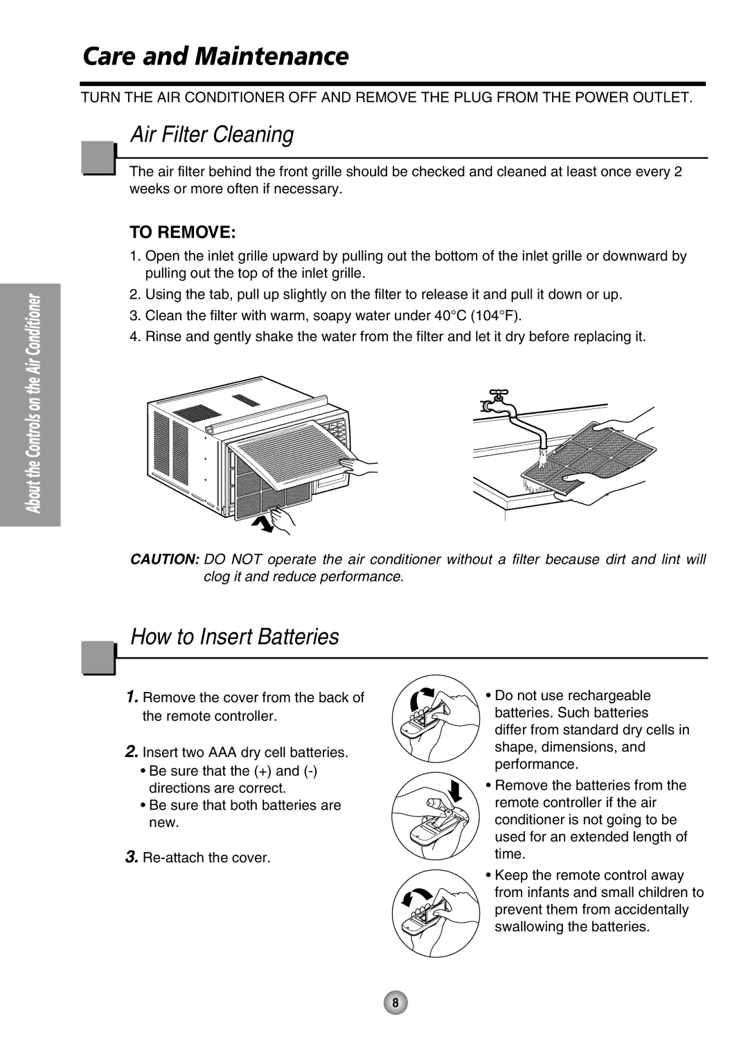 Panasonic CW-XC65HU, CW-XC85HU manual Care and Maintenance, Air Filter Cleaning, How to Insert Batteries 